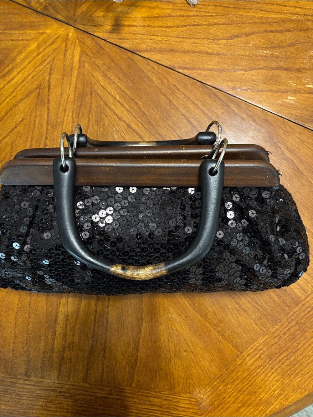 Black Sequin Evening Handbag with Wood Accents